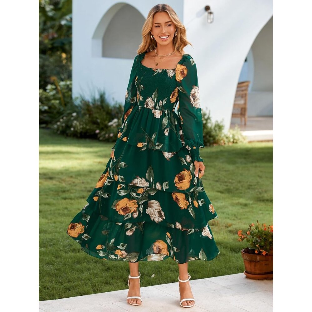 Women's Floral Long Sleeve Maxi Dress Smocked Tiered Square Neck Fall Boho - Picture 2 of 6